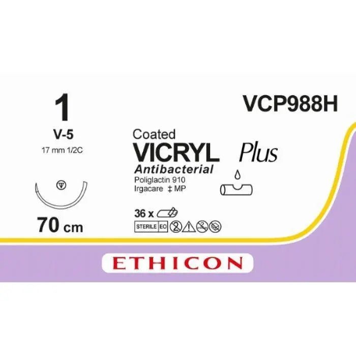 Ethicon Ethicon VICRYL PLUS Polyglactin 910 Braided Absorbable Antibacterial Surgical Suture – USP 1 – 27 in (68 cm) – Violet – Single - Armed V - 5 Needle – VCP988H (Box of 36) Size: 1 Colour: Violet Style: non cutting UK VCP988H
