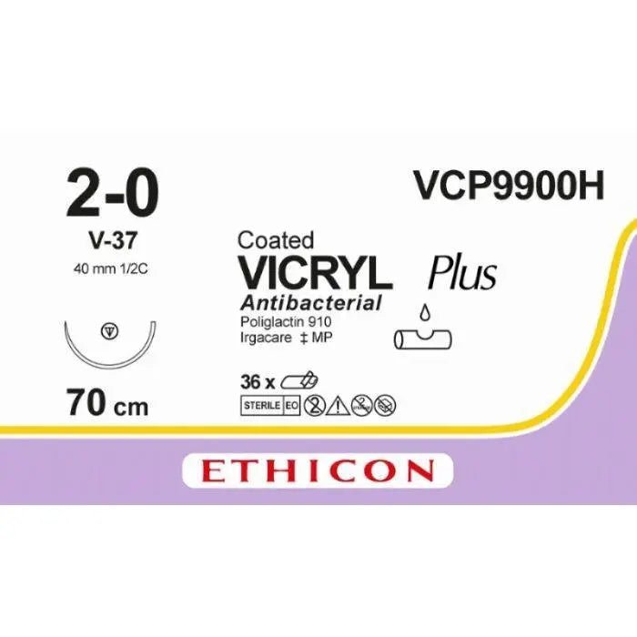 Ethicon Ethicon VICRYL PLUS Polyglactin 910 Braided Absorbable Antibacterial Surgical Suture – USP 2 - 0 – 70 cm – Undyed – Single - Armed Tapercut Needle 40 mm, 1/2 Circle – VCP9900H (Box of 36) Size: 2 - 0 Colour: Undyed Style: non cutting UK VCP9900H