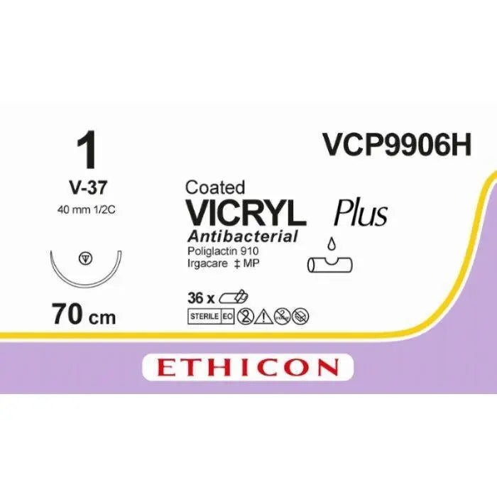 Ethicon Ethicon VICRYL PLUS Polyglactin 910 Braided Absorbable Antibacterial Surgical Suture – USP 1 – 70 cm – Undyed – Single - Armed Tapercut Needle 40 mm, 1/2 Circle – VCP9906H (Box of 36) Size: 1 Colour: Undyed Style: non cutting UK VCP9906H