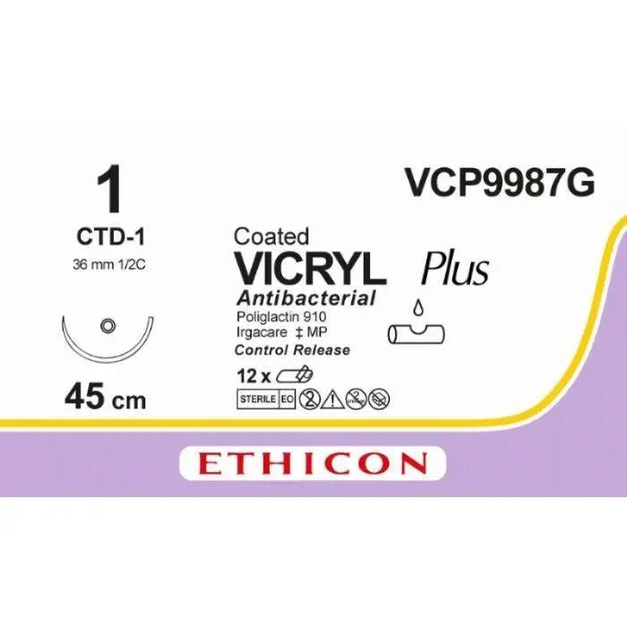 Ethicon Ethicon VICRYL PLUS Polyglactin 910 Braided Absorbable Antibacterial Surgical Suture – USP 1 – 4 × 18 in (45 cm) – Violet – Single - Armed CTD - 1 C/R Needle – VCP9987G (Box of 12) Size: 1 Colour: Violet Style: non cutting UK VCP9987G
