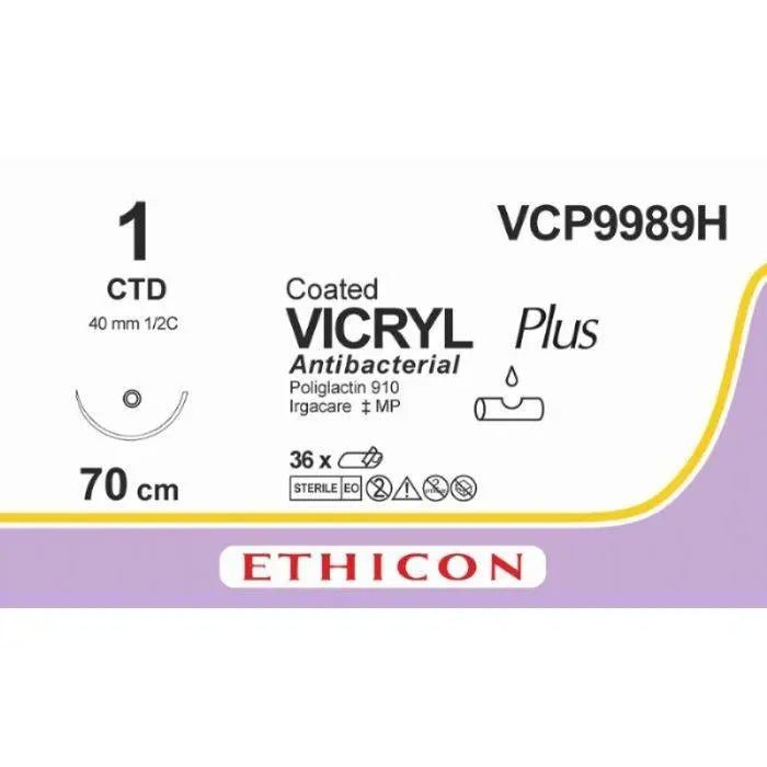 Ethicon Ethicon VICRYL PLUS Polyglactin 910 Braided Absorbable Antibacterial Surgical Suture – USP 1 – 70 cm – Violet – Single - Armed Blunt Point Dolphin Needle 40 mm, 1/2 Circle – VCP9989H (Box of 36) Size: 1 Colour: Violet Style: non cutting UK VCP9989H
