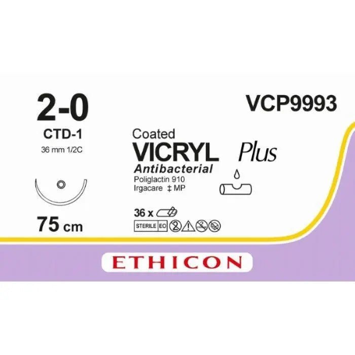 Ethicon Ethicon VICRYL PLUS Polyglactin 910 Braided Absorbable Antibacterial Surgical Suture – USP 2 - 0 – 75 cm – Violet – Single - Armed Blunt Point Dolphin Needle 36 mm, 1/2 Circle – VCP9993 (Box of 36) Size: 2 - 0 Colour: Violet Style: non cutting UK VCP9993