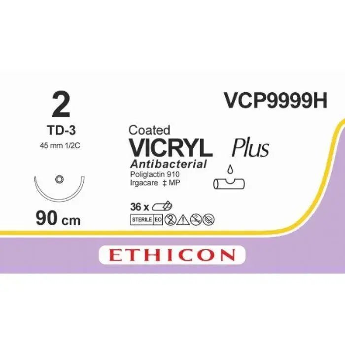 Ethicon Ethicon VICRYL PLUS Polyglactin 910 Braided Absorbable Antibacterial Surgical Suture – USP 2 – 36 in (90 cm) – Violet – Single - Armed TD - 3 Needle – VCP9999H (Box of 36) Size: 2 Colour: Violet Style: non cutting UK VCP9999H