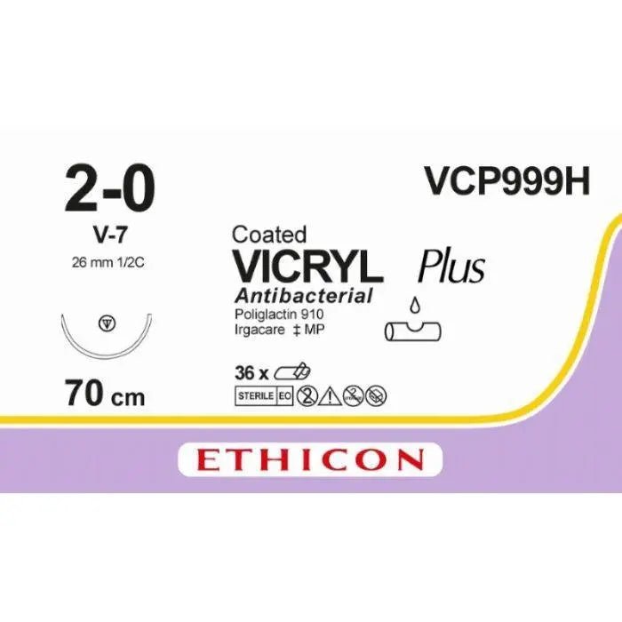Ethicon Ethicon VICRYL PLUS Polyglactin 910 Braided Absorbable Antibacterial Surgical Suture – USP 2 - 0 – 70 cm – Violet – Single - Armed Tapercut Needle 26 mm, 1/2 Circle – VCP999H (Box of 36) Size: 2 - 0 Colour: Violet Style: non cutting UK VCP999H