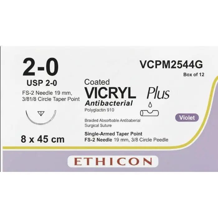 Ethicon Ethicon VICRYL PLUS Polyglactin 910 Braided Absorbable Antibacterial Surgical Suture – USP 2 - 0 (Metric 3) – 8 x 45 cm – Violet – Single - Armed – VCPM2544G (Box of 12) Size: 2 - 0 Colour: Violet Style: Single - armed UK VCPM2544G