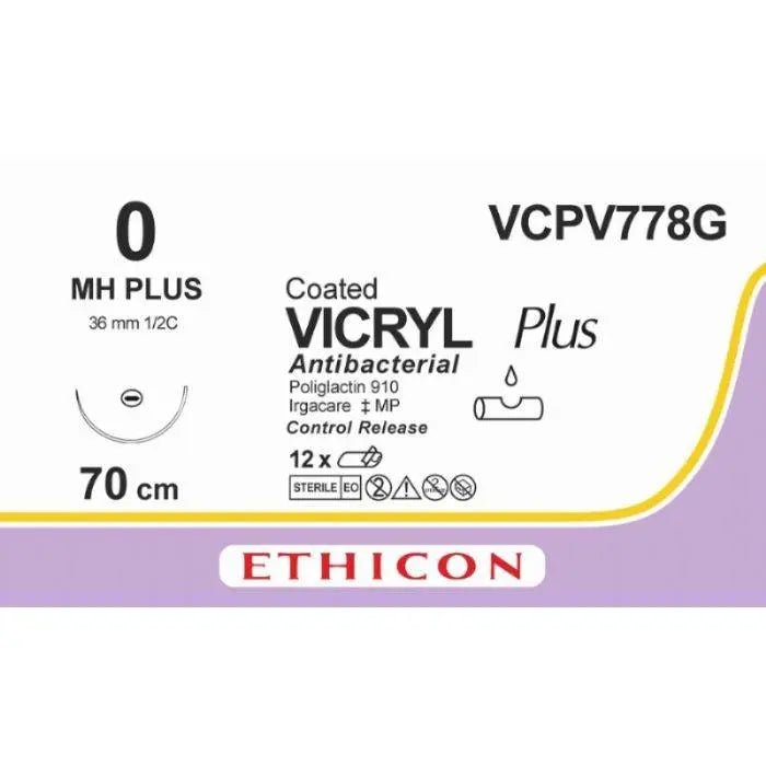 Ethicon Ethicon VICRYL PLUS Polyglactin 910 Braided Absorbable Antibacterial Surgical Suture – USP 0 – 70 cm – Violet – Single - Armed Taper Point Plus Needle 36 mm, 1/2 Circle – VCPV778G (Box of 12) Size: 0 Colour: Violet Style: non cutting UK VCPV778G