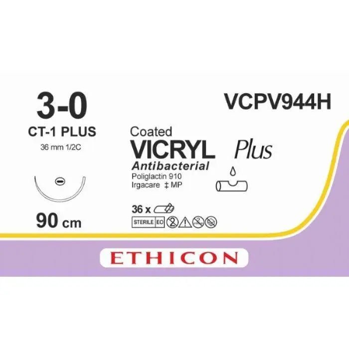 Ethicon Ethicon VICRYL PLUS Polyglactin 910 Braided Absorbable Antibacterial Surgical Suture – USP 3 - 0 – 90 cm – Undyed – Single - Armed Taper Point Plus Needle 36 mm, 1/2 Circle – VCPV944H (Box of 36) Size: 3 - 0 Colour: Undyed Style: non cutting UK VCPV944H