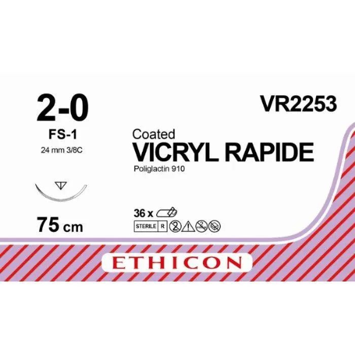 Ethicon Ethicon VICRYL RAPIDE Braided Polyglactin 910 Absorbable Surgical Suture – USP 2 - 0 – 75 cm – Undyed – Reverse Cutting Needle (24 mm, 3/8 Circle) – VR2253 (Box of 36) Size: 2 - 0 Colour: Undyed Style: Reverse Cutting UK VR2253