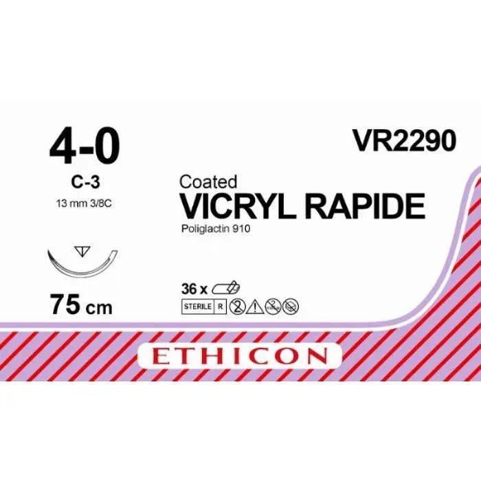 Ethicon Ethicon VICRYL RAPIDE Braided Polyglactin 910 Absorbable Surgical Suture – USP 4 - 0 – 75 cm – Undyed – Reverse Cutting Needle (13 mm, 3/8 Circle) – VR2290 (Box of 36) Size: 4 - 0 Colour: Undyed Style: Reverse Cutting UK VR2290