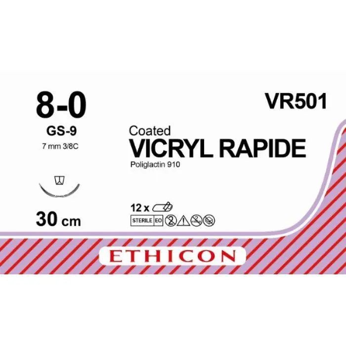 Ethicon Ethicon VICRYL RAPIDE Braided Polyglactin 910 Absorbable Surgical Suture – USP 8 - 0 – 30 cm – Violet – Reverse Spatula Needle (6.5 mm, 3/8 Circle) – VR501 (Box of 12) Size: 8 - 0 Colour: Violet Style: Reverse Spatula UK VR501