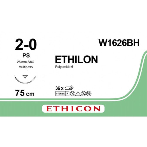 Ethicon Ethicon ETHILON Black Monofilament Non - Absorbable Surgical Suture USP 2 - 0 30 in (75 cm) Black PS Prime Reverse Cutting Needle 26 mm 3/8 Circle W1626BH (Box of 36) UK W1626BH
