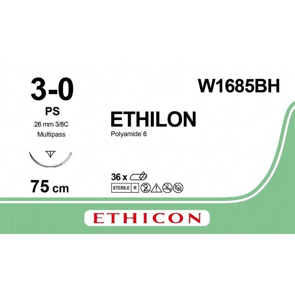 Ethicon Ethicon ETHILON Black Monofilament Non - Absorbable Surgical Suture USP 3 - 0 30 in (75 cm) Black PS Prime Reverse Cutting Needle 24 mm 3/8 Circle W1685BH (Box of 36) UK W1685BH
