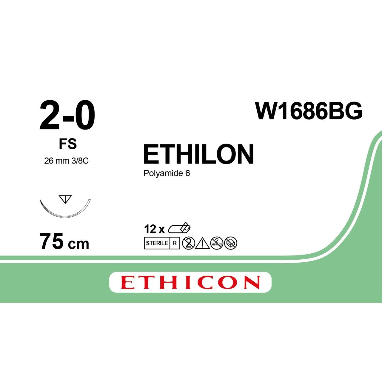 Ethicon Ethicon ETHILON Black Monofilament Non - Absorbable Surgical Suture USP 2 - 0 30 in (75 cm) Black FS Reverse Cutting Needle 26 mm 3/8 Circle W1686BG (Box of 12) UK W1686BG