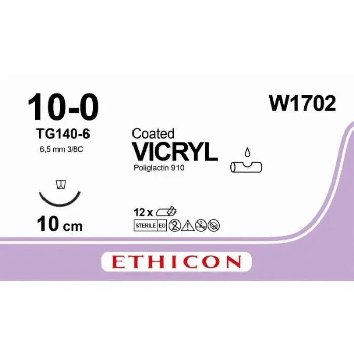 Ethicon Ethicon VICRYL Coated Polyglactin 910 Absorbable Surgical Suture – USP 10 - 0 – 10 cm – Violet – Single - Armed Reverse Spatula Needle 6.5 mm, 3/8 Circle – W1702 (Box of 12) Size: 10 - 0 Colour: Violet Style: cutting UK W1702