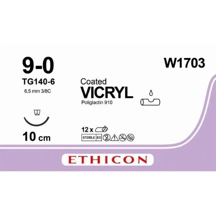 Ethicon Ethicon VICRYL Coated Polyglactin 910 Absorbable Surgical Suture – USP 9 - 0 – 10 cm – Violet – Single - Armed Reverse Spatula Needle 6.5 mm, 3/8 Circle – W1703 (Box of 12) Size: 9 - 0 Colour: Violet Style: Reverse Spatula UK W1703