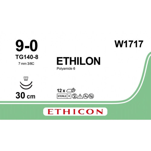 Ethicon Ethicon ETHILON Black Monofilament Non - Absorbable Microsurgical Suture USP 9 - 0 12 in (30 cm) Black Double - Armed TG140 - 8 Taper Point Needles 8 mm 3/8 Circle W1717 (Box of 12) UK W1717