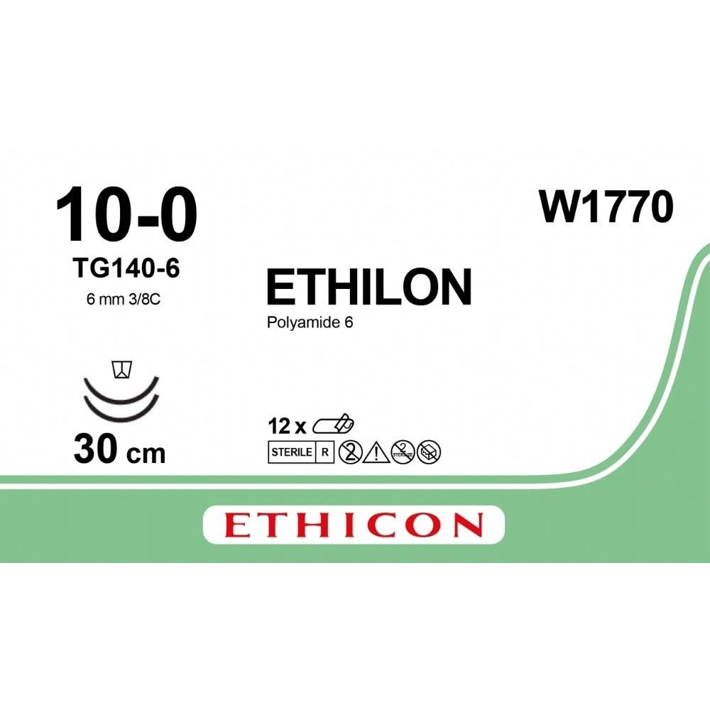 Ethicon Ethicon ETHILON Black Monofilament Non - Absorbable Microsurgical Suture USP 10 - 0 12 in (30 cm) Black Double - Armed TG140 - 6 Taper Point Needles 6 mm 3/8 Circle W1770 (Box of 12) UK W1770