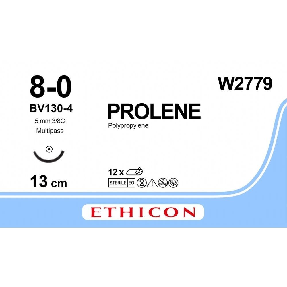 Ethicon Ethicon PROLENE Polypropylene Blue Non - Absorbable Veterinary Microsurgical Suture USP 8 - 0 13 cm BV130 - 4 MULTIPASS Taper Point Needle (5 mm) W2779 (Box of 12) UK W2779