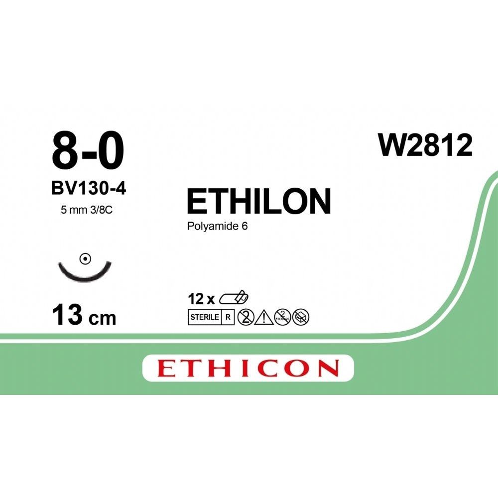 Ethicon Ethicon ETHILON Black Monofilament Non - Absorbable Microsurgical Suture USP 8 - 0 5 in (13 cm) Black BV130 - 4 Taper Point Needle 4 mm 3/8 Circle W2812 (Box of 12) UK W2812