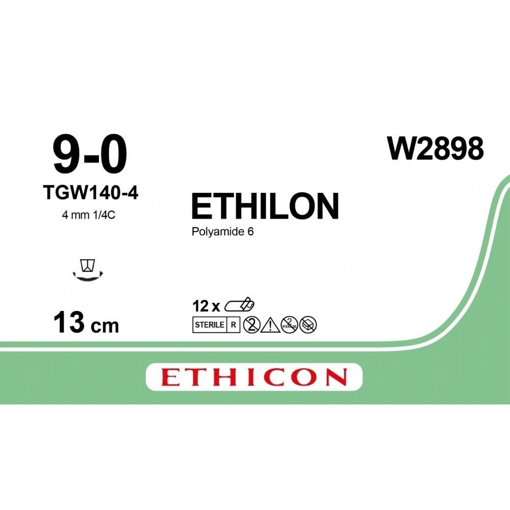 Ethicon Ethicon ETHILON Black Monofilament Non - Absorbable Microsurgical Suture USP 9 - 0 5 in (13 cm) Black V100 - 3 Taper Point Needle 3 mm 3/8 Circle W2898 (Box of 12) UK W2898