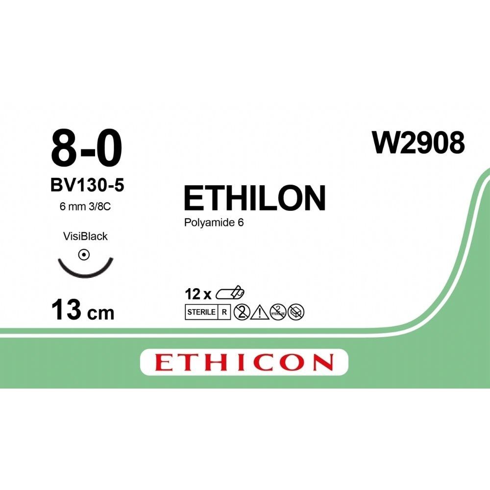 Ethicon Ethicon ETHILON Black Monofilament Non - Absorbable Microsurgical Suture USP 8 - 0 5 in (13 cm) Black BV130 - 5 Taper Point Needle 5 mm 3/8 Circle W2908 (Box of 12) UK W2908