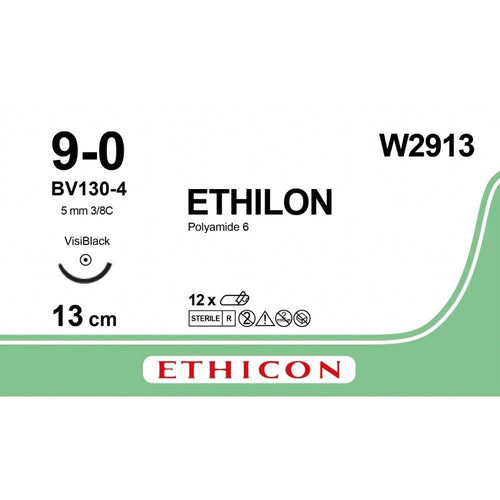Ethicon Ethicon ETHILON Black Monofilament Non - Absorbable Microsurgical Suture USP 9 - 0 5 in (13 cm) Black BV130 - 4 Taper Point Needle 4 mm 3/8 Circle W2913 (Box of 12) UK W2913