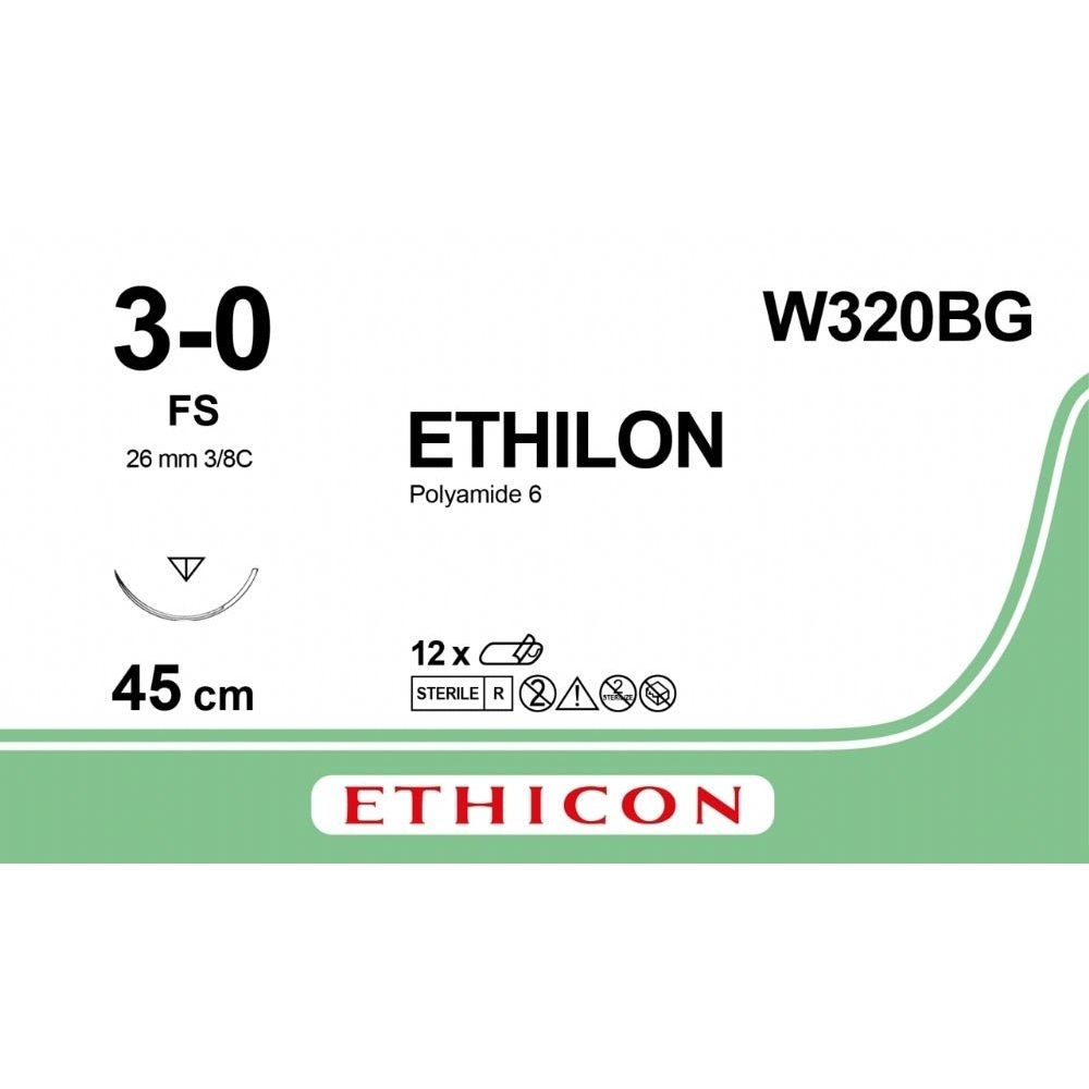 Ethicon Ethicon ETHILON Black Monofilament Non - Absorbable Surgical Suture USP 3 - 0 18 in (45 cm) Black FS Reverse Cutting Needle 26 mm 3/8 Circle W320BG (Box of 12) UK W320BG