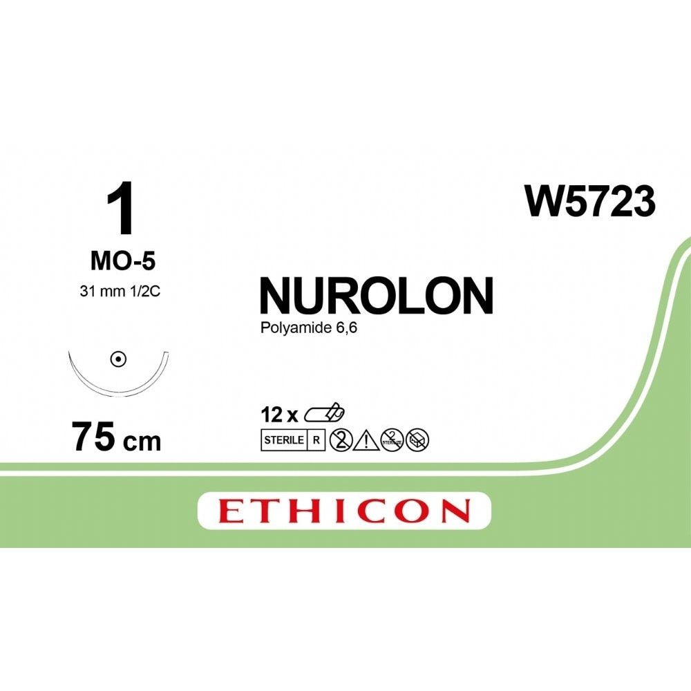 Ethicon Ethicon NUROLON Braided Nylon Non - Absorbable Surgical Suture USP 1 75 cm Black Taper Point Needle (31 mm, 1/2 Circle) W5723 (Box of 12) UK W5723