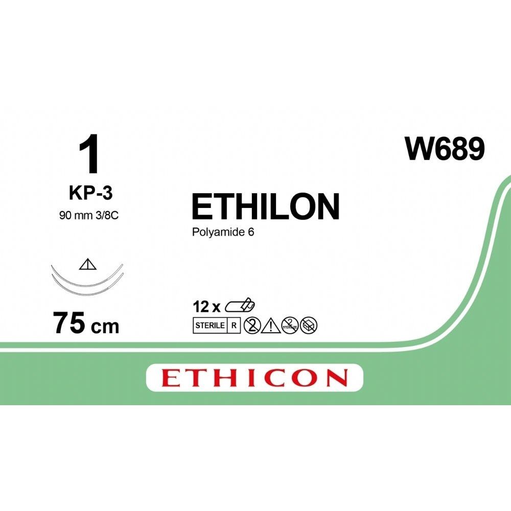 Ethicon Ethicon ETHILON Black Monofilament Non - Absorbable Surgical Suture USP 1 30 in (75 cm) Black Double KP - 3 Conventional Cutting Needles 3/8 Circle W689 (Box of 12) UK W689