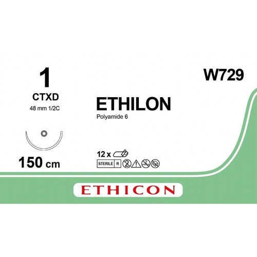 Ethicon Ethicon ETHILON Black Monofilament Non - Absorbable Surgical Suture USP 1 60 in (150 cm) Black CTXD Loop Taper Point Needle 48 mm 1/2 Circle W729 (Box of 12) UK W729