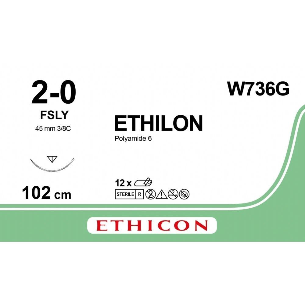 Ethicon Ethicon ETHILON Black Monofilament Non - Absorbable Surgical Suture USP 2 - 0 40 in (100 cm) Black FSLY Reverse Cutting Needle 26 mm 3/8 Circle W736G (Box of 12) UK W736G