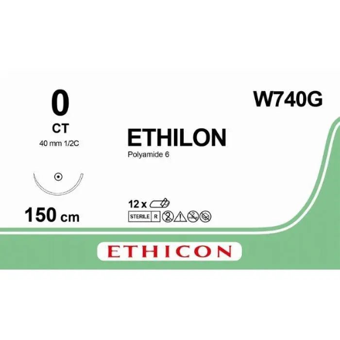 Ethicon Ethicon ETHILON Black Monofilament Non - Absorbable Surgical Suture USP 0 60 in (150 cm) Black CT Taper Point Needle 48 mm 1/2 Circle W740G (Box of 12) UK W740G