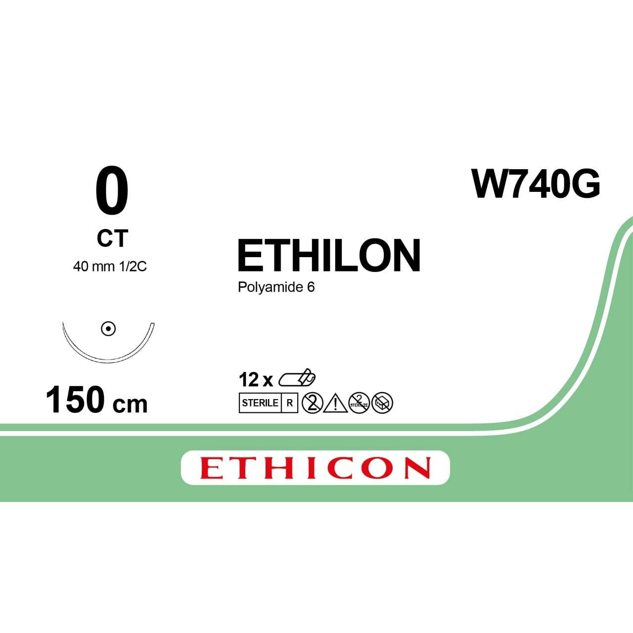 Ethicon Ethicon ETHILON™ Black Monofilament Non - Absorbable Surgical Suture – USP 0 – 60 in (150 cm) – Black – CT Taper Point Needle 48 mm – 1/2 Circle – W740G (Box of 12) UK W740G