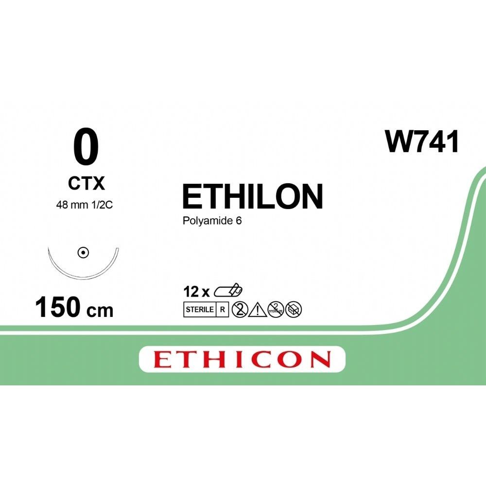 Ethicon Ethicon ETHILON Black Monofilament Non - Absorbable Surgical Suture USP 0 60 in (150 cm) Black CTX Loop Taper Point Needle 48 mm 1/2 Circle W741 (Box of 12) UK W741