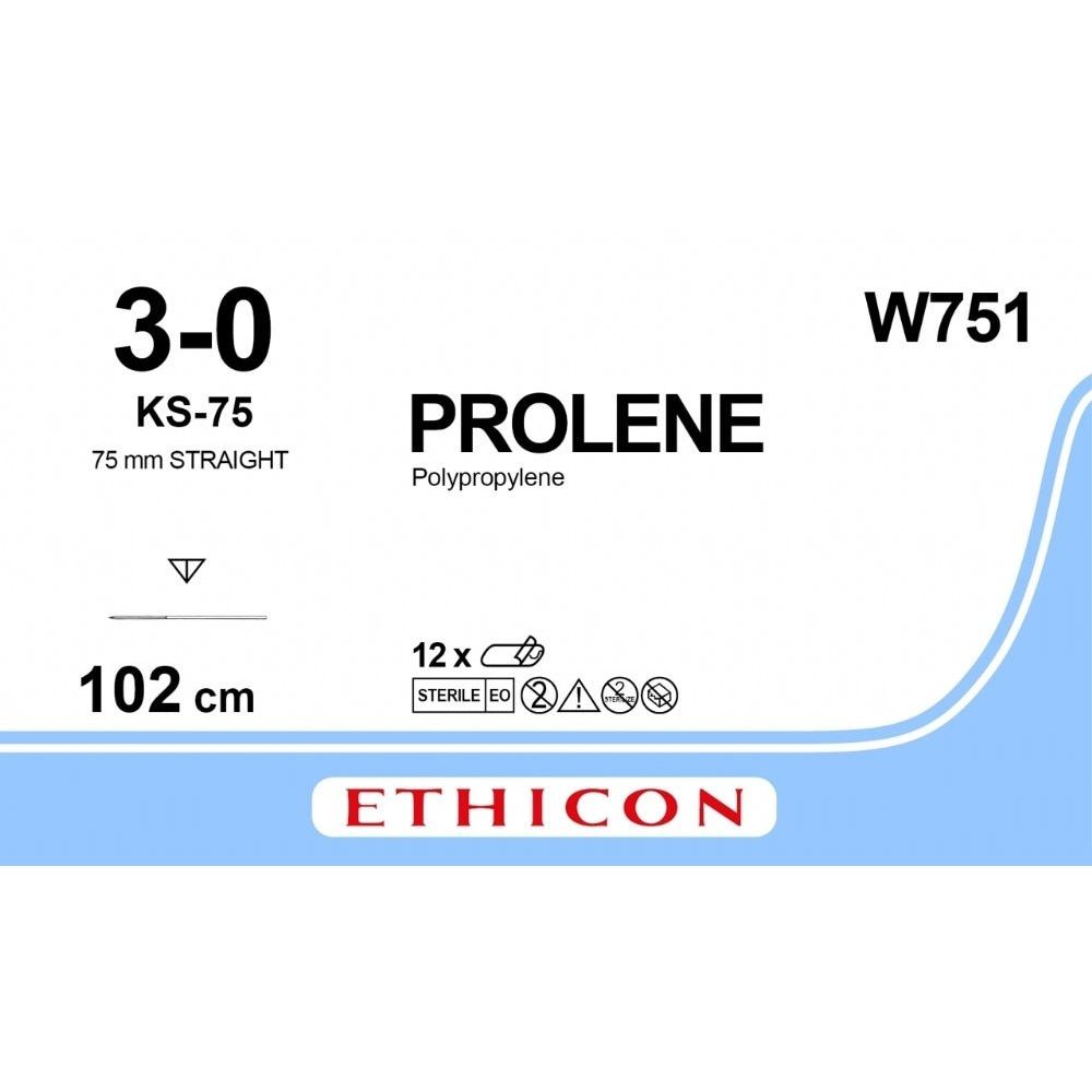 Ethicon Ethicon PROLENE Polypropylene Blue Non - Absorbable Surgical Suture USP 3 - 0 100 cm KS - 75 Needle W751 (Box of 12) UK W751