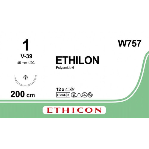 Ethicon Ethicon ETHILON Black Monofilament Non - Absorbable Surgical Suture USP 1 79 in (200 cm) Black V - 39 Loop Taper Point Needle 39 mm 1/2 Circle W757 (Box of 12) UK W757