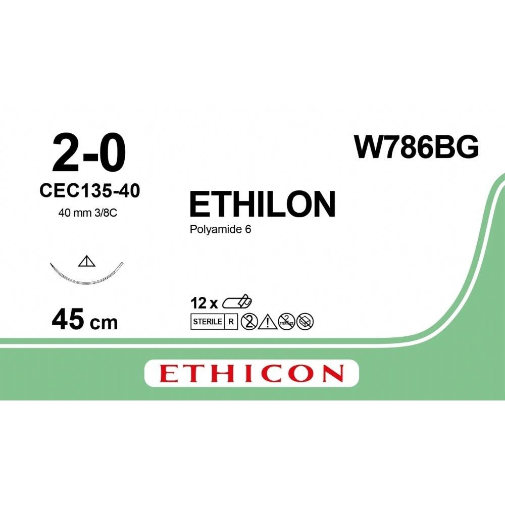 Ethicon Ethicon ETHILON Black Monofilament Non - Absorbable Surgical Suture USP 2 - 0 18 in (45 cm) Black CEC135 - 40 Prime Reverse Cutting Needle 40 mm 1/2 Circle W786BG (Box of 12) UK W786BG