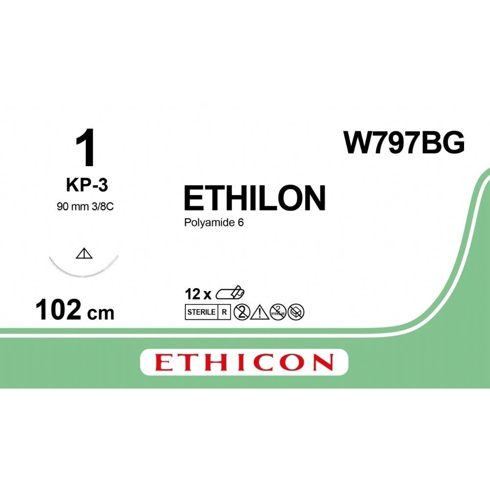 Ethicon Ethicon ETHILON Black Monofilament Non - Absorbable Surgical Suture USP 1 40 in (100 cm) Black KP - 3 Conventional Cutting Needle 36 40 mm 3/8 Circle W797BG (Box of 12) UK W797BG