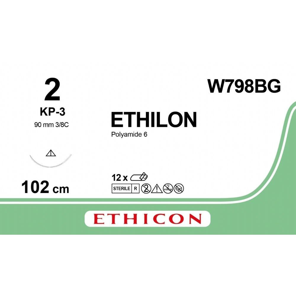 Ethicon Ethicon ETHILON Black Monofilament Non - Absorbable Surgical Suture USP 2 40 in (100 cm) Black KP - 3 Conventional Cutting Needle 36 40 mm 3/8 Circle W798BG (Box of 12) UK W798BG