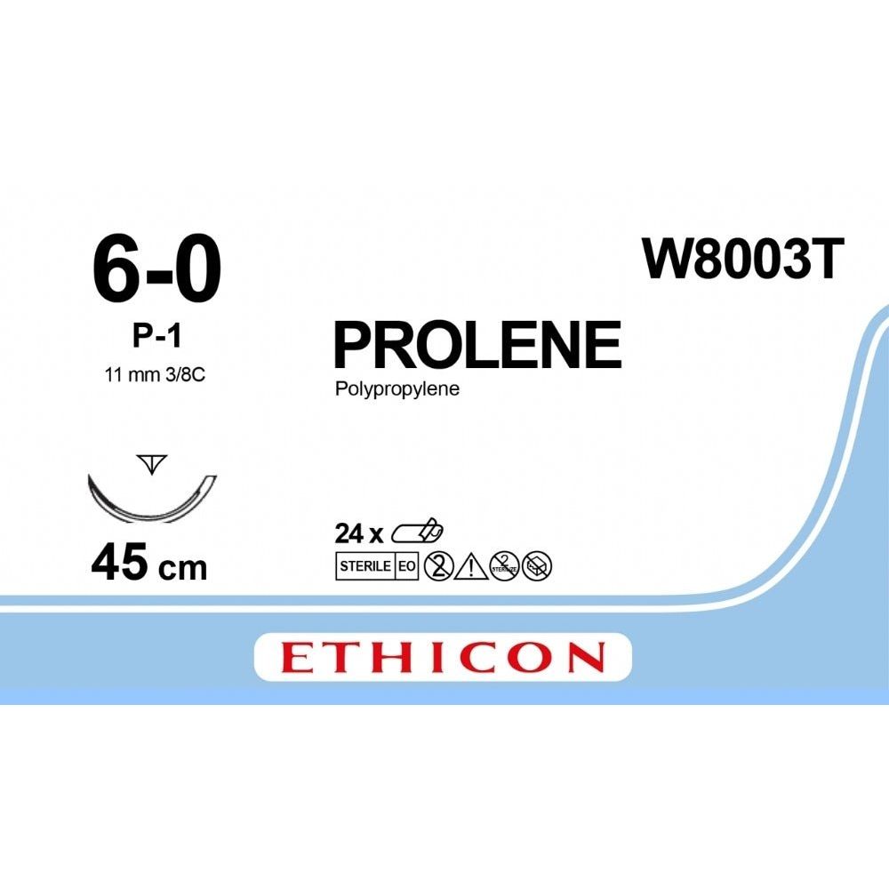 Ethicon Ethicon PROLENE Polypropylene Blue Non - Absorbable Surgical Suture USP 6 - 0 45 cm P - 1 PRIME Reverse Cutting Needle W8003T (Box of 24) UK W8003T