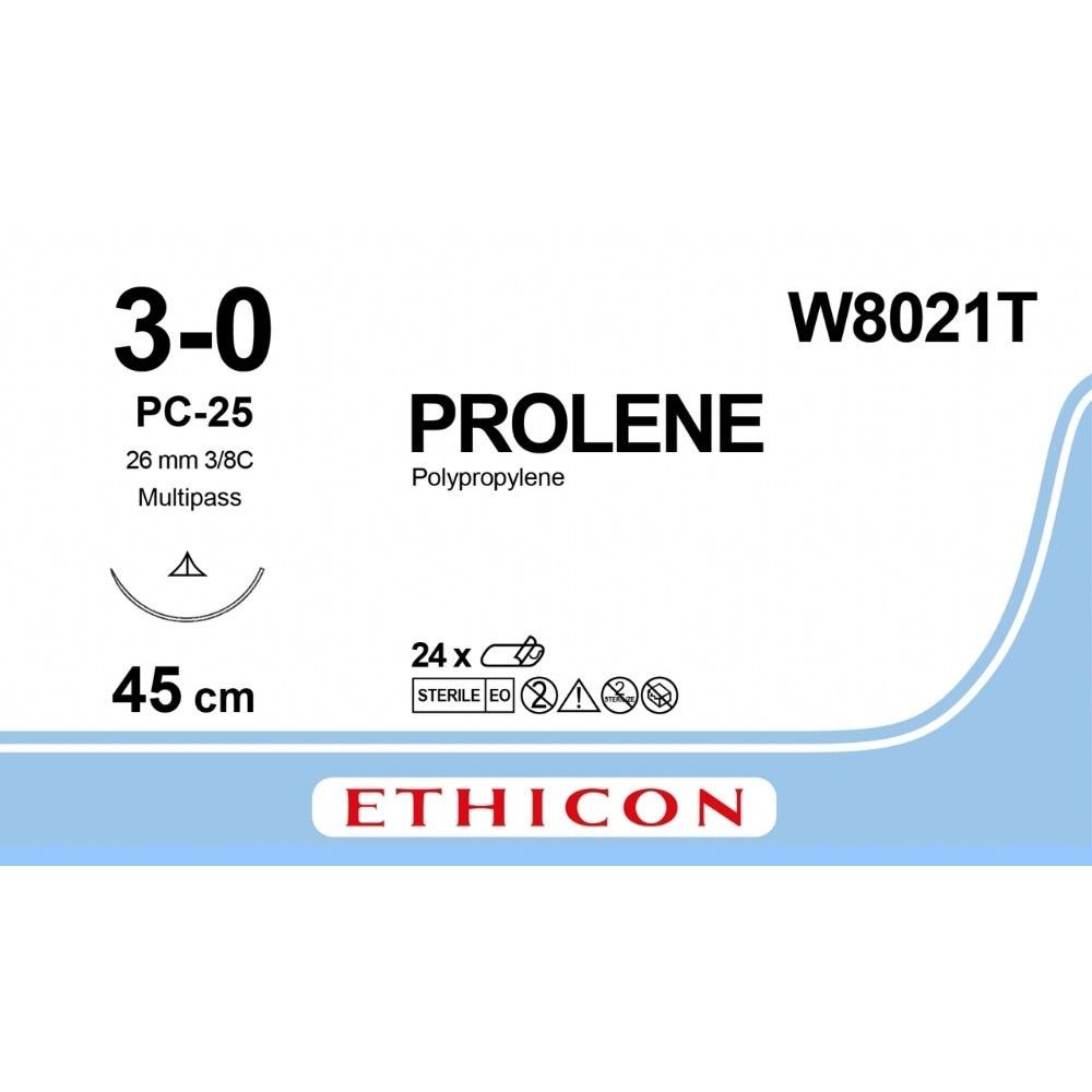 Ethicon Ethicon PROLENE Polypropylene Blue Non - Absorbable Surgical Suture USP 3 - 0 45 cm PC - 26 Conventional Cutting Needle W8021T (Box of 24) UK W8021T
