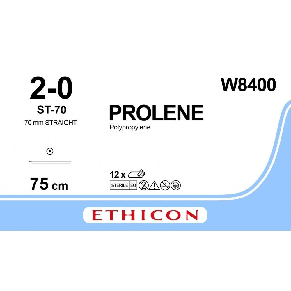 Ethicon Ethicon PROLENE Polypropylene Blue Non - Absorbable Surgical Suture USP 2 - 0 75 cm ST - 70 Taper Point Needle W8400 (Box of 12) UK W8400