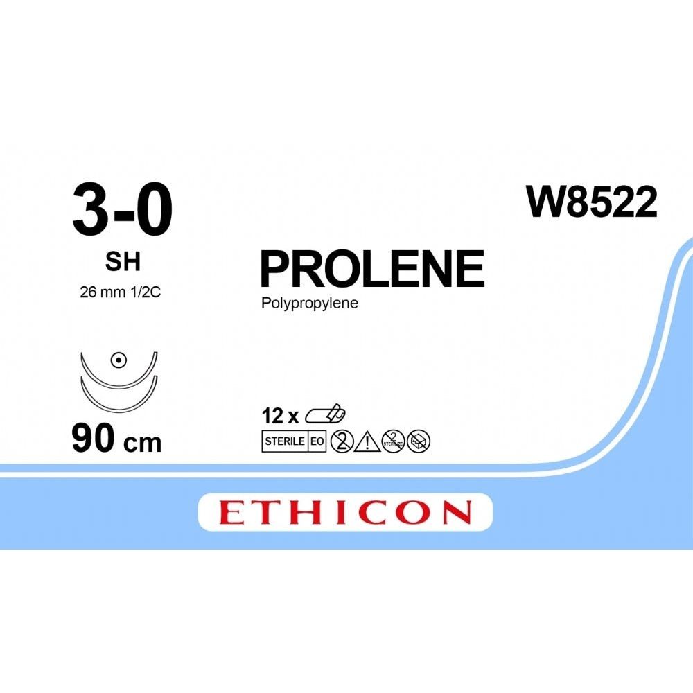 Ethicon Ethicon PROLENE Polypropylene Blue Non - Absorbable Veterinary Surgical Suture USP 3 - 0 90 cm Double - Armed SH Taper Point Needles (26 mm) W8522 (Box of 12) UK W8522