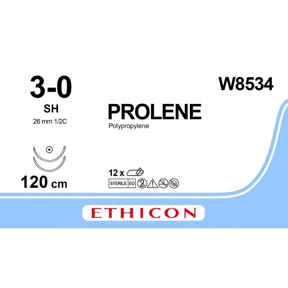 Ethicon Ethicon PROLENE Polypropylene Blue Non - Absorbable Surgical Suture USP 3 - 0 120 cm Double - Armed SH Taper Point Needles (26 mm) W8534 (Box of 12) UK W8534
