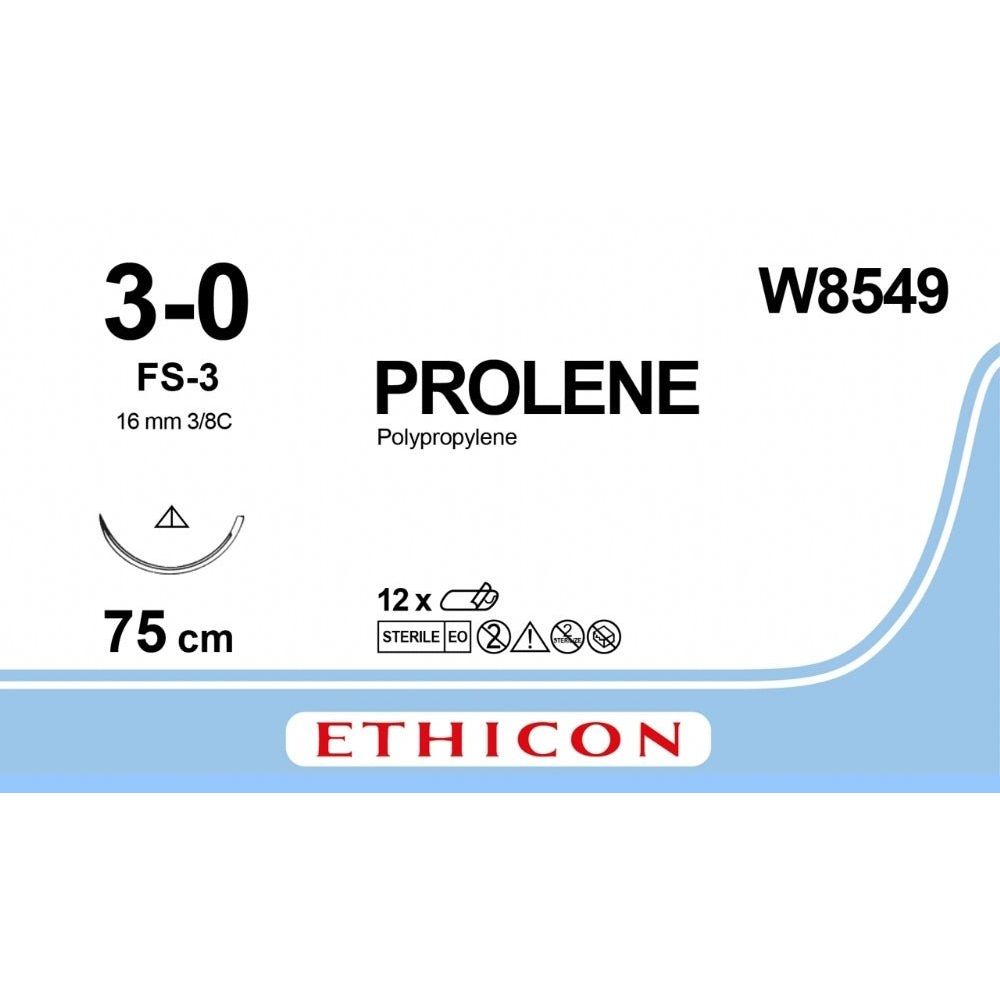 Ethicon Ethicon PROLENE Polypropylene Blue Non - Absorbable Surgical Suture USP 3 - 0 75 cm FS - 3 Conventional Cutting Needle (16 mm) W8549 (Box of 12) UK W8549