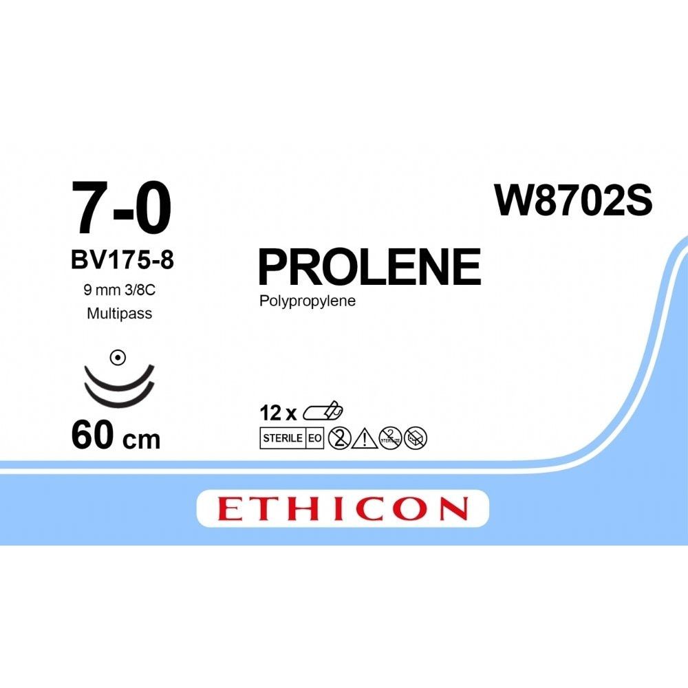 Ethicon Ethicon PROLENE Polypropylene Blue Non - Absorbable Microsurgical Suture USP 7 - 0 4 × 60 cm Double - Armed BV175 - 8 MULTIPASS Taper Point Needles (9.3 mm) W8702S (Box of 12) UK W8702S