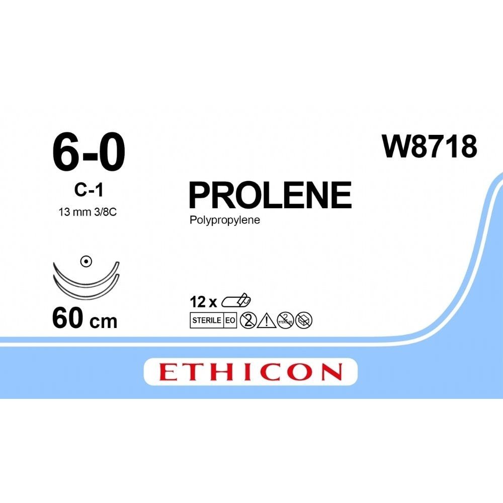 Ethicon Ethicon PROLENE Polypropylene Blue Non - Absorbable Microsurgical Suture USP 6 - 0 60 cm C - 1 Taper Point Needle W8718 (Box of 12) UK W8718