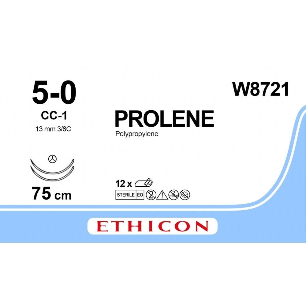 Ethicon Ethicon PROLENE Polypropylene Blue Non - Absorbable Surgical Suture USP 5 - 0 75 cm Double - Armed CC - 1 TAPERCUT CC Needles (13 mm) W8721 (Box of 12) UK W8721