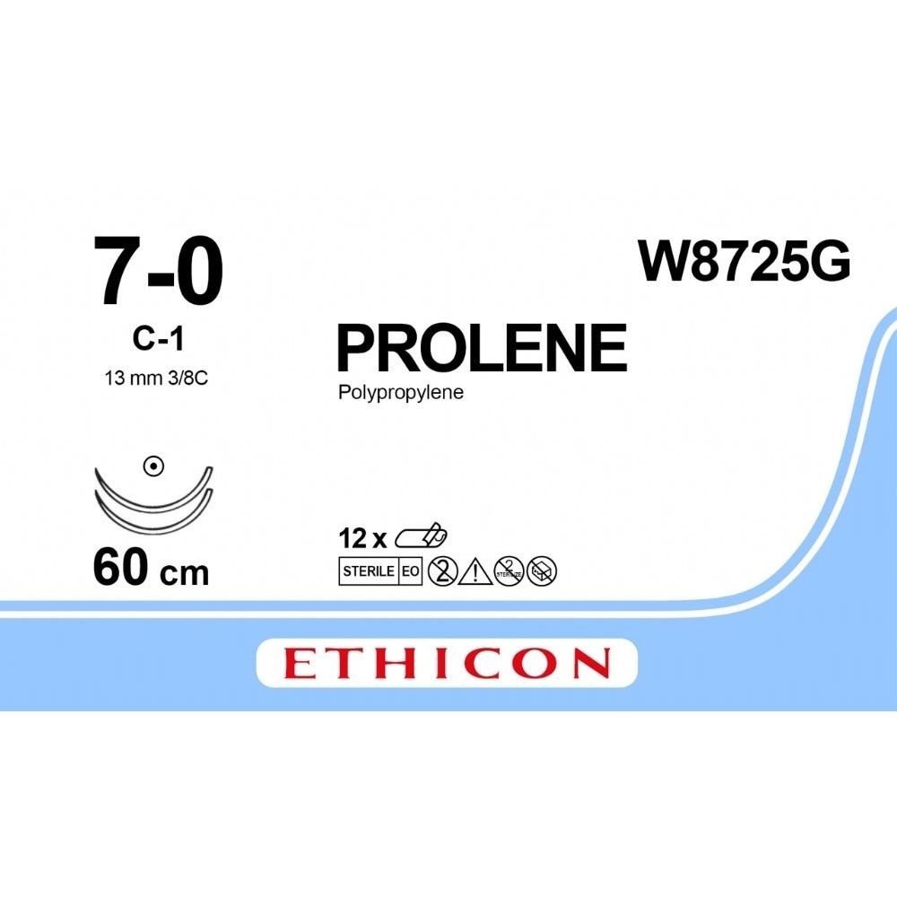 Ethicon Ethicon PROLENE Polypropylene Blue Non - Absorbable Microsurgical Suture USP 7 - 0 60 cm Double - Armed C - 1 Taper Point Needles (13 mm) W8725G (Box of 12) UK W8725G