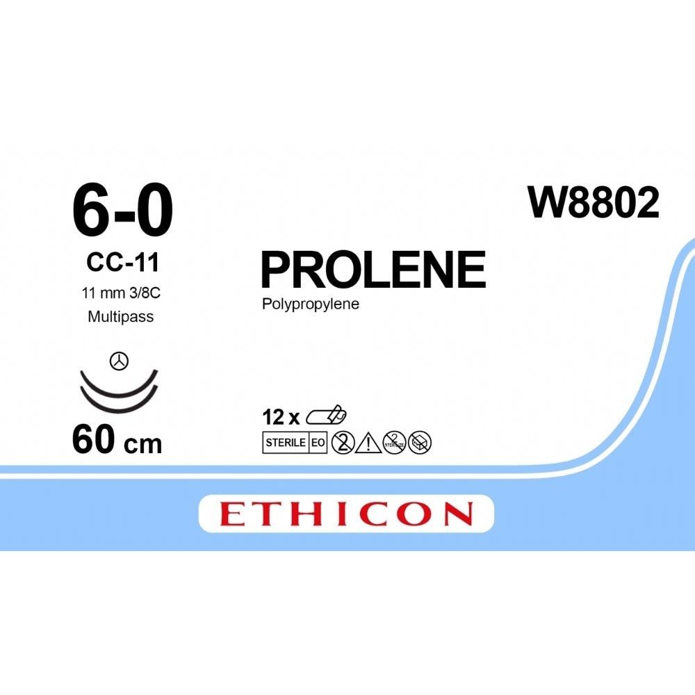 Ethicon Ethicon PROLENE Polypropylene Blue Non - Absorbable Microsurgical Suture USP 6 - 0 60 cm Double - Armed CC - 11 MULTIPASS TAPERCUT CC Needles (11 mm) W8802 (Box of 12) UK W8802